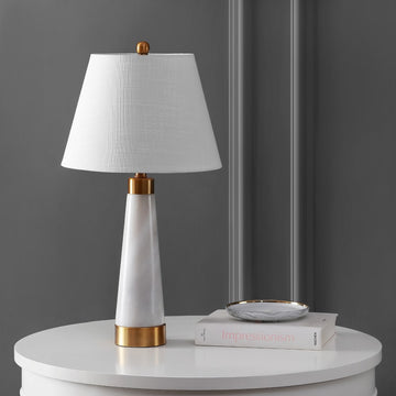 Travis 26.5" Marble/Iron Gold Modern Column LED Table Lamp - JONATHAN Y